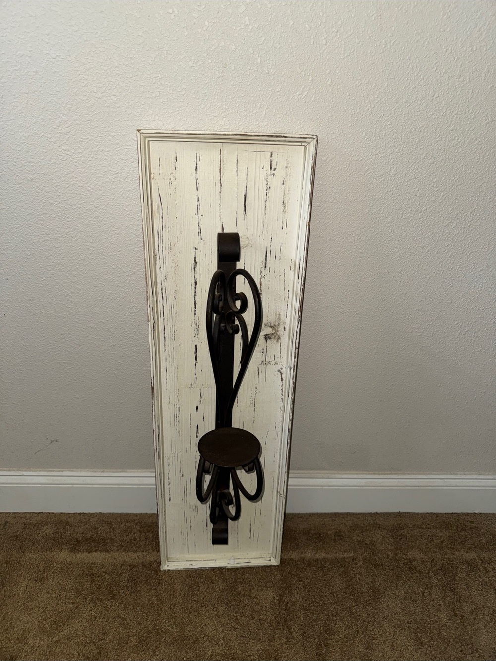 Kirklands White Distressed Wood Wall Hook with Dark Bronze Metal Scroll